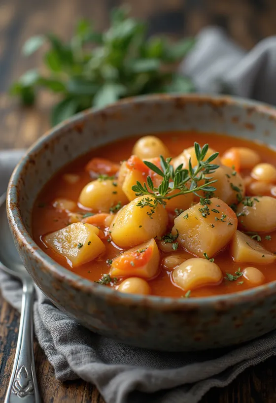 Tjock vit bönsoppa med grönsaker och olivolja i en djup tallrik