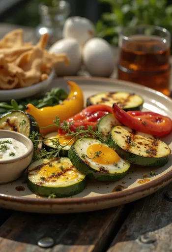 Färgglatt urval av grillade grönsaker strödda med färska kryddor.