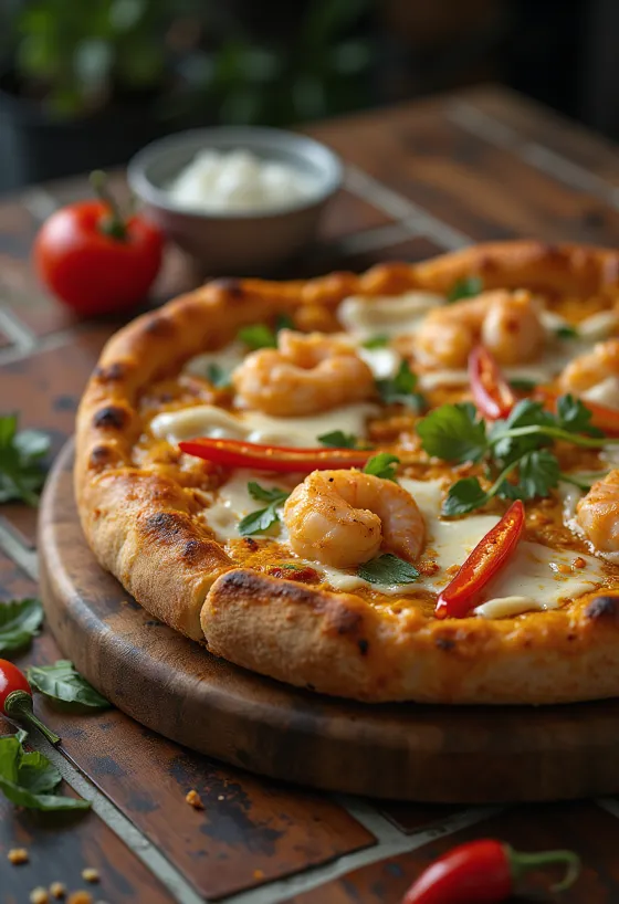 Laksa pizza med malaysiska kryddor och räkor
