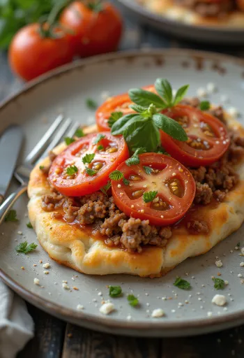 Pide med tomat, serverad med färsk deg och kryddig köttfyllning