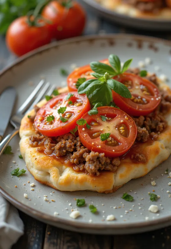 Pide med tomat, serverad med färsk deg och kryddig köttfyllning