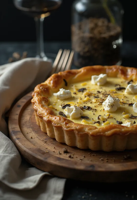 Tryffel- och getostpaj på rustik tallrik