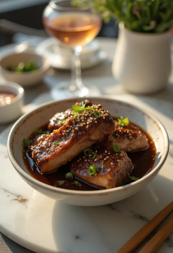 Sojabräserad Galbi, koreanskt nötkött i marinad, med sesamfrön