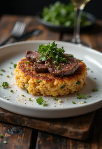 Tacu-tacu med biff, biffskivor serverade med ris- och böblandning, garnerad med färsk koriander