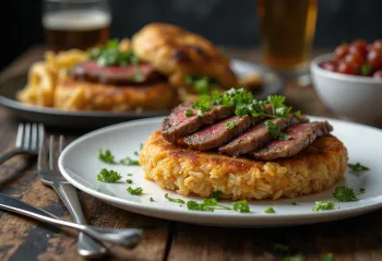 Tacu-tacu med biff, biffskivor serverade med ris- och böblandning, garnerad med färsk koriander