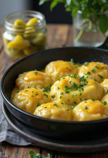 Nokedli med ägg strödd med färsk persilja, serverad med hemgjord inlagd gurka.