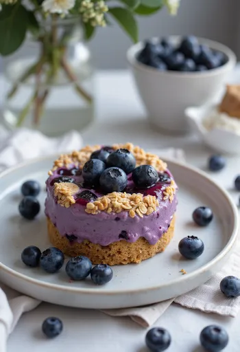 Havregryns- och blåbärstårta dekorerad med färska blåbär