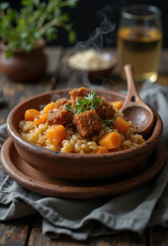 Cuchuco con chicharrón, med krispigt fläsk och kryddiga grönsaker