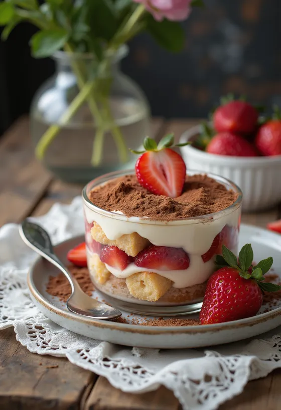 Jordgubbstiramisu med varvade kex och mascarponekräm, dekorerad med färska jordgubbar