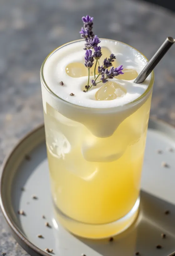 Skummande lavendellimonad i högt glas med mynta