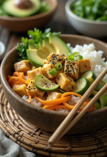 Poké bowl med tofu, serverad med färska grönsaker och avokado, strösslad med sesamfrön.