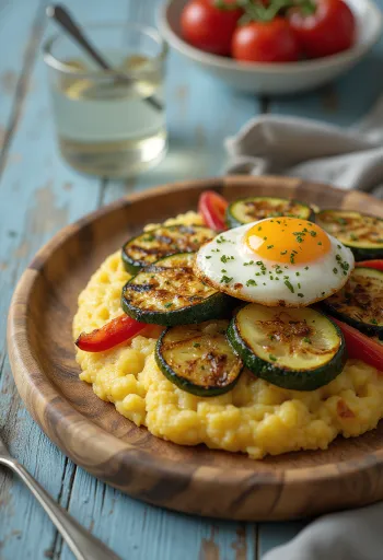 Polenta med grillade grönsaker, serverad på tallrik med färgglada grönsaksskivor på toppen