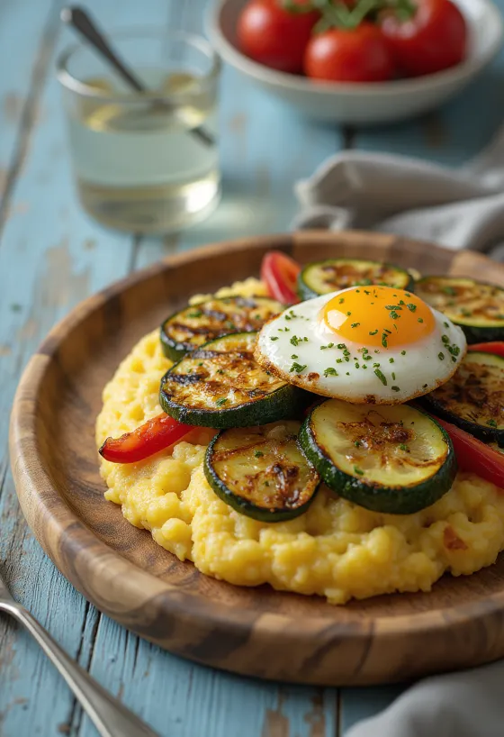 Polenta med grillade grönsaker, serverad på tallrik med färgglada grönsaksskivor på toppen