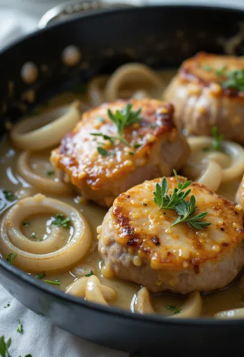 Fläskstek i lök- och gräddfilssås serverad