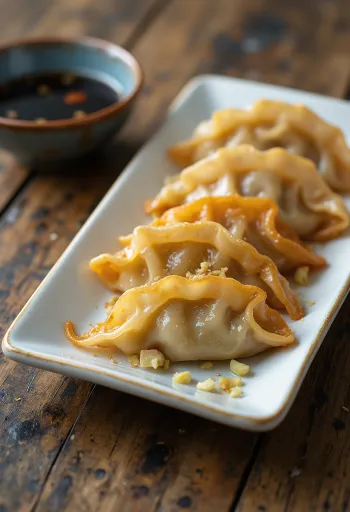 Turkey Gyoza serverad med kalkon- och grönsaksfyllning och sojasåsdipp