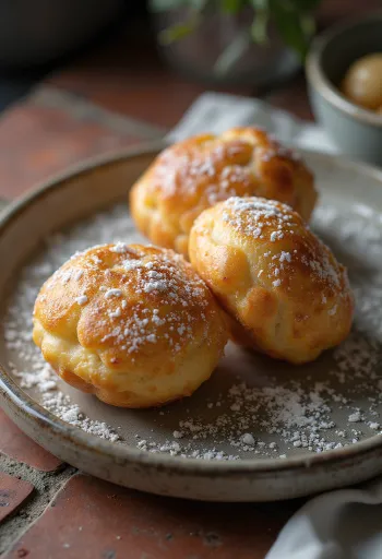 Æbleskiver med kardemumma, pudrade med florsocker