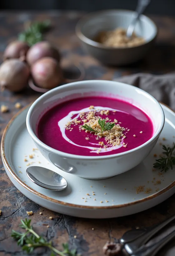 Rödbetssoppa med silkeslen textur, garnerad med gräddfil och rostade frön