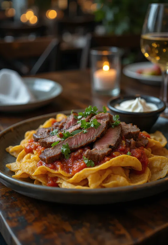 Chilaquiles con arrachera – krispiga tortillabitar, tomatsås, riven ost och gräddfil, serverad med stekt arrachera-kött