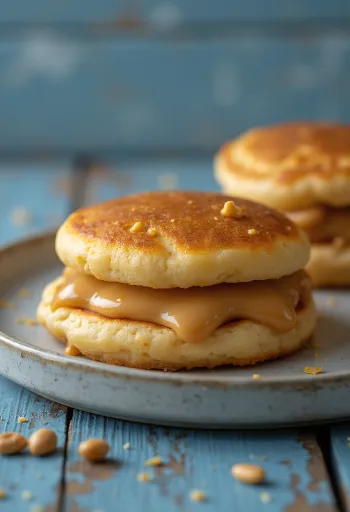 Dorayaki med jordnötssmör, färsk pannkaka fylld med jordnötssmör, med fin textur