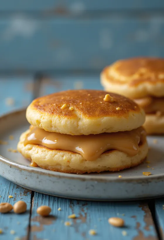 Dorayaki med jordnötssmör, färsk pannkaka fylld med jordnötssmör, med fin textur