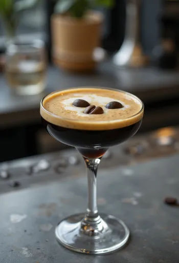 Espresso Martini cocktail dekorerad med tre kaffebönor