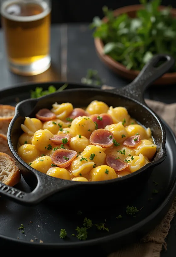 Rökt skinka med äggklimp serverad