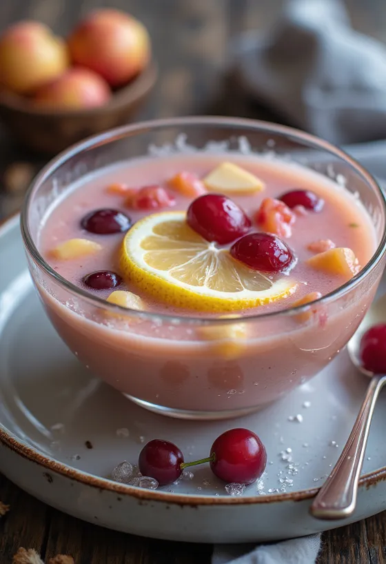 Fruktsoppa med svalkande och krämig konsistens, serverad med färska fruktbitar
