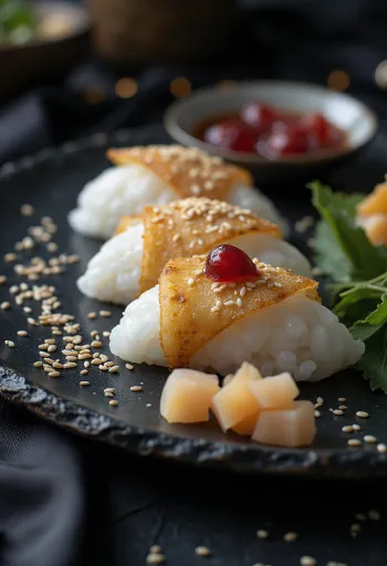 Omusubi med umeboshi, japanska risbollar med inlagda plommon och nori-ark.