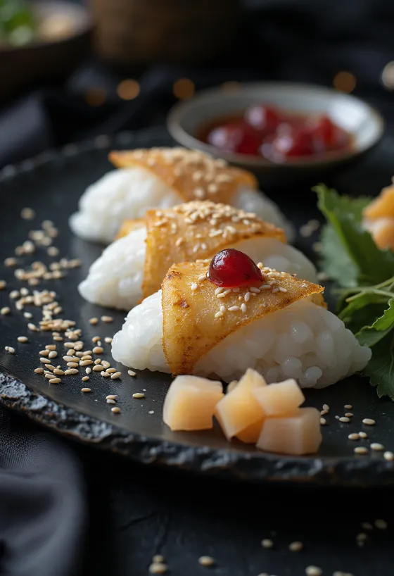 Omusubi med umeboshi, japanska risbollar med inlagda plommon och nori-ark.