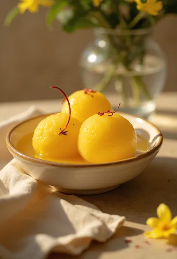 Rasgulla med kamalabhog, serverad med rosenvattensirap