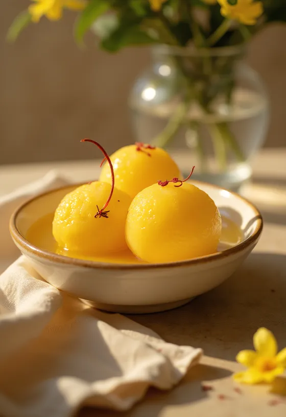 Rasgulla med kamalabhog, serverad med rosenvattensirap