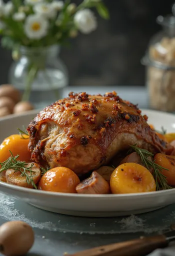 Örtstekt piggsvin serverad med rostade grönsaker.