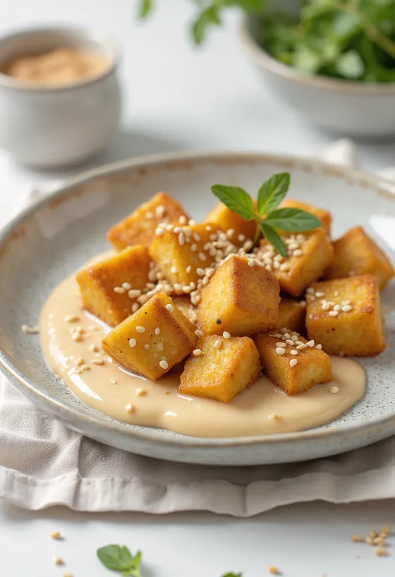 Stekt tofu med tahinisås serverad
