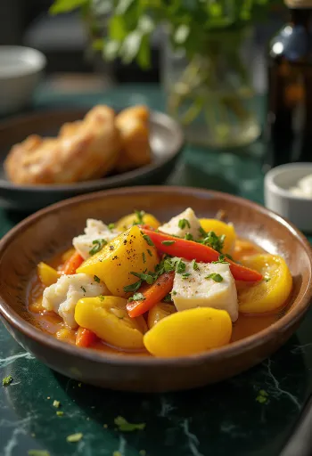 Ackee och saltad torsk serverad med grönsaker och kryddor