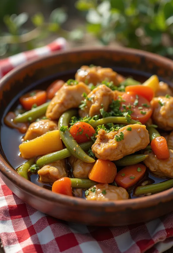 Adobo med grönsaksragu, garnerad med färsk koriander
