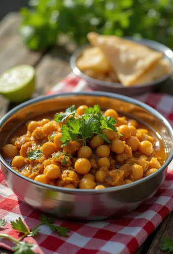 Chana Masala serverad med koriander och rika kryddor