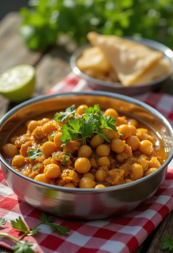 Chana Masala serverad med koriander och rika kryddor