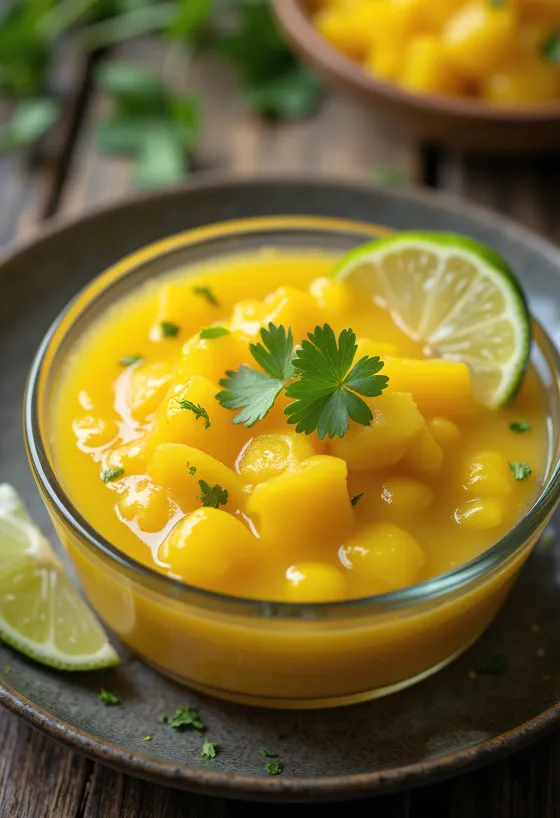 Sötsur sås med mango och lime serverad