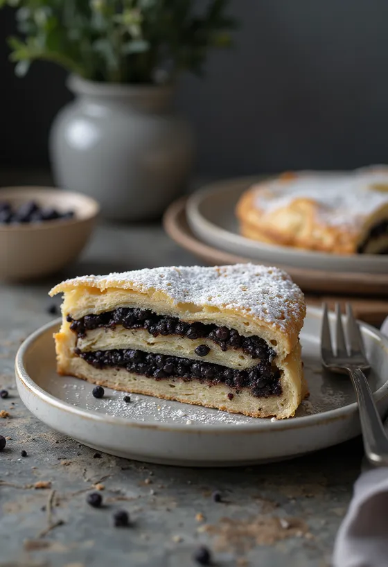 Vallmofröpaj med gyllenbrun deg och vallmofyllning