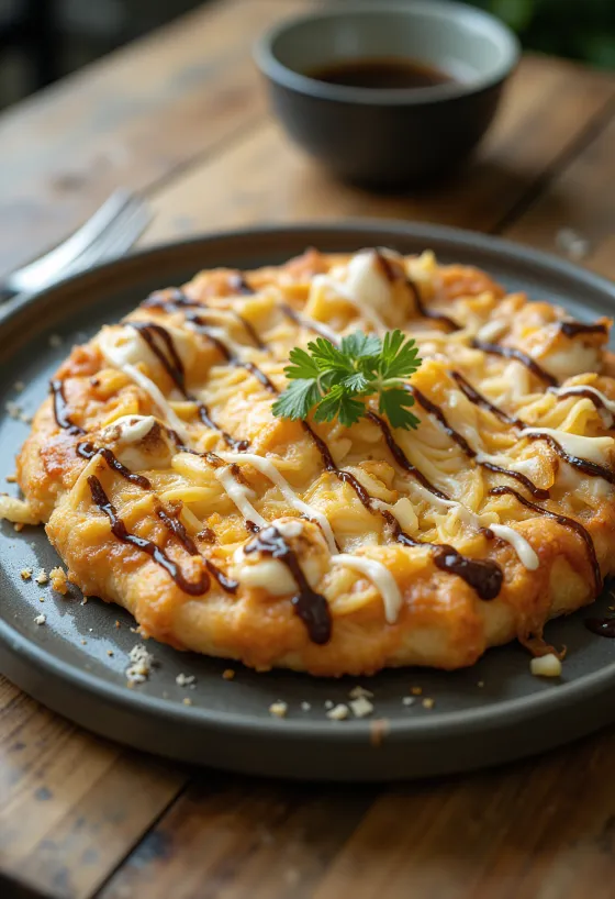 Okonomiyaki pizza med kål och tonfiskflingor