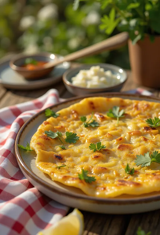 Potatis- och lök-chilla, stekta potatis- och lökbitar, med färsk koriander