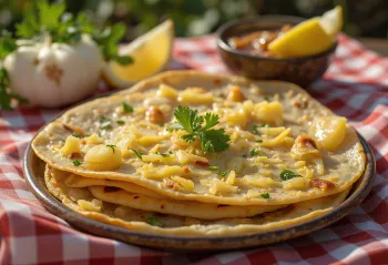 Potatis- och lök-chilla, stekta potatis- och lökbitar, med färsk koriander