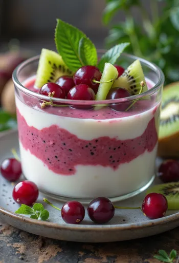 Probiotisk yoghurtdryck med kiwi och körsbär i glas