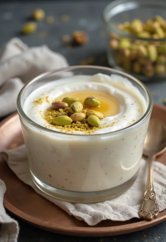 Pistageyoghurt serverad i glas, krämig konsistens, med krossade pistagenötter på toppen