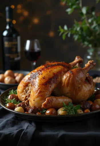 Ugnsstekt kalkon med kastanjefyllning serverad på fat med grönsaker.