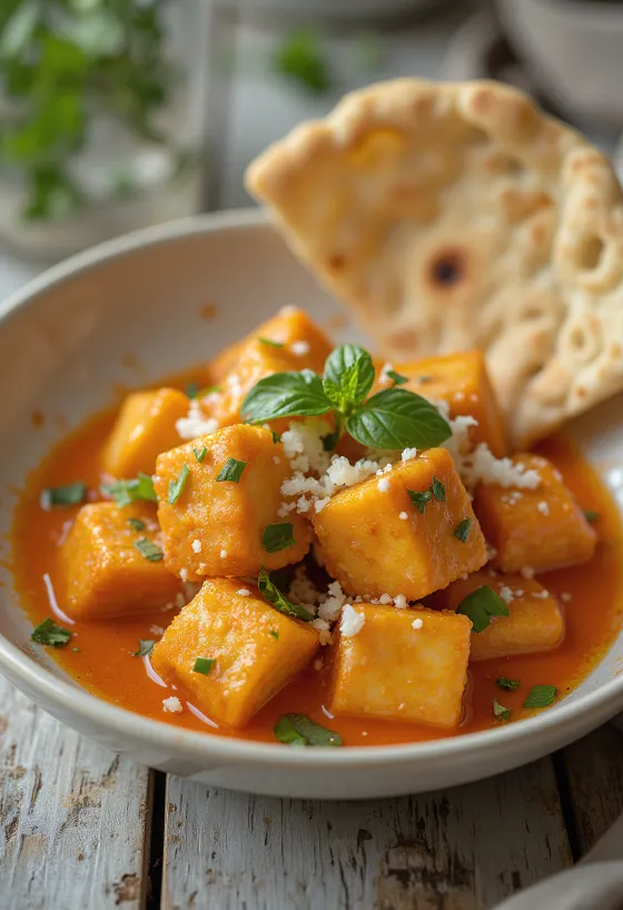 Stekt tofu i thaisås serverad
