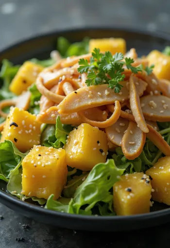 Tamagoyaki-sallad, japansk rätt med Tamagoyaki-omelett, grönsallad, gurka och kycklingkött