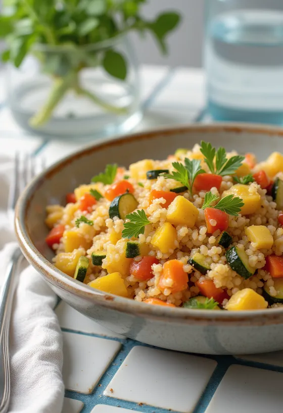 Grönsaksbulgur serverad med bitar av färsk paprika, tomat och zucchini