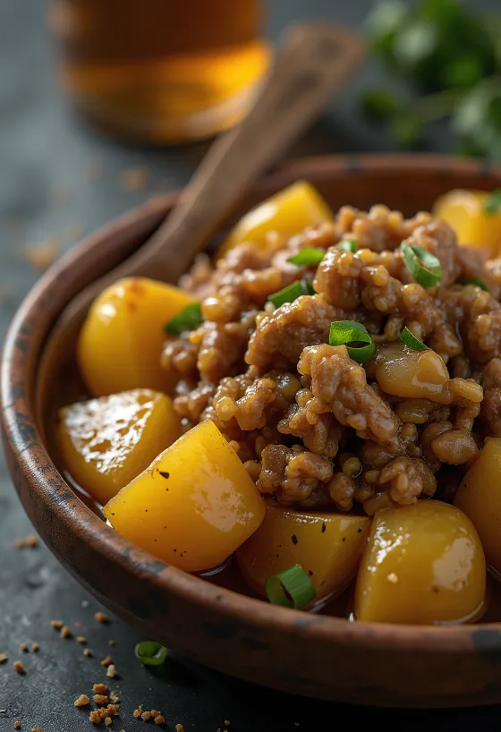Adobo med potatis, kryddigt kött och krispig potatis serverad