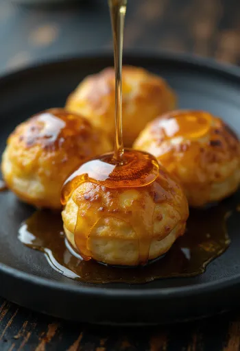 Æbleskiver med lönnsirap, färska bakverk, gyllenbruna, serverade med lönnsirap